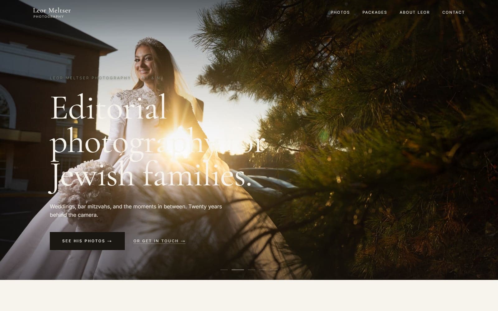 Leor Meltser pitch site — editorial wedding photography homepage hero