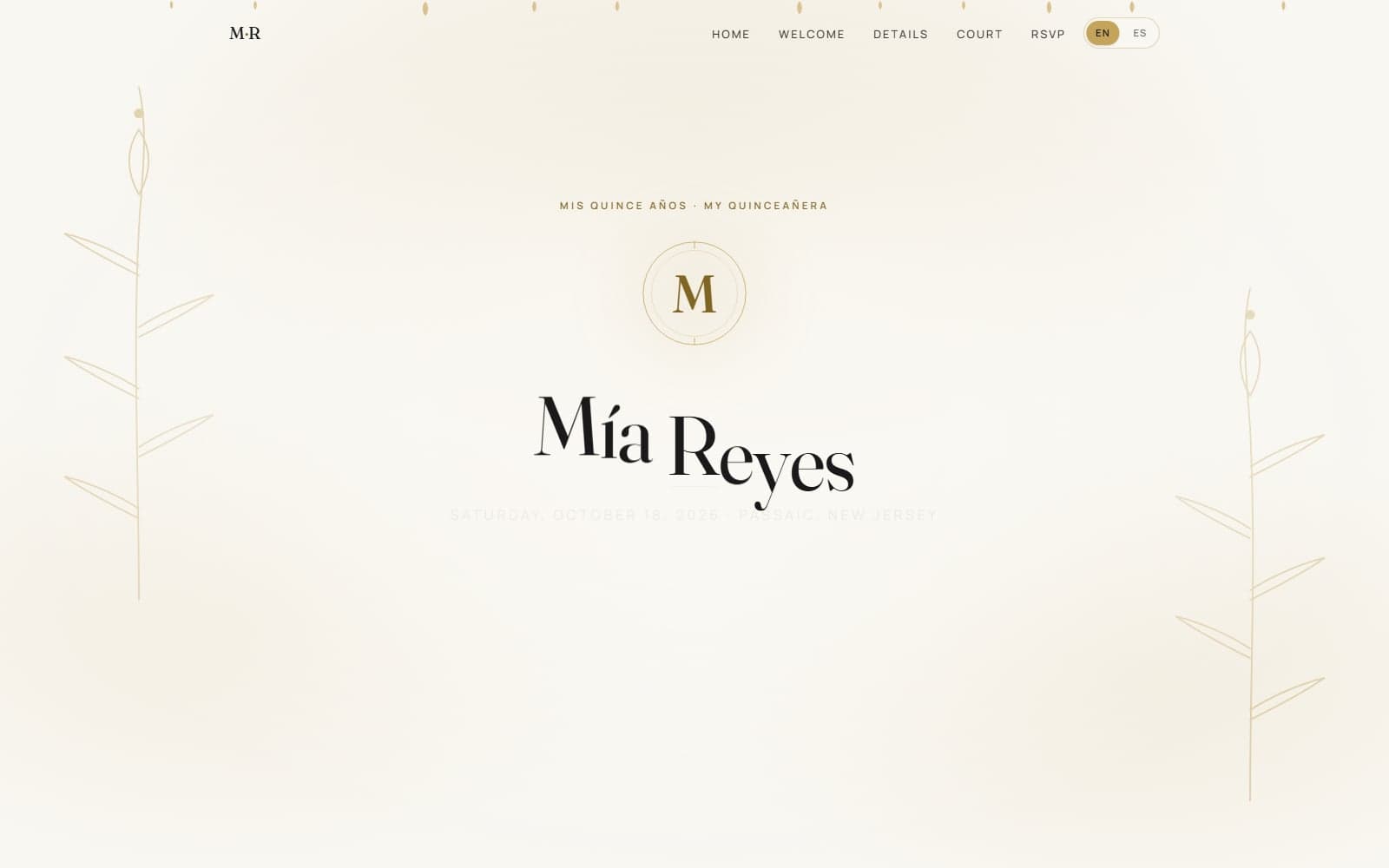Mía's Quinceañera concept site — bilingual editorial homepage hero with a gold monogram